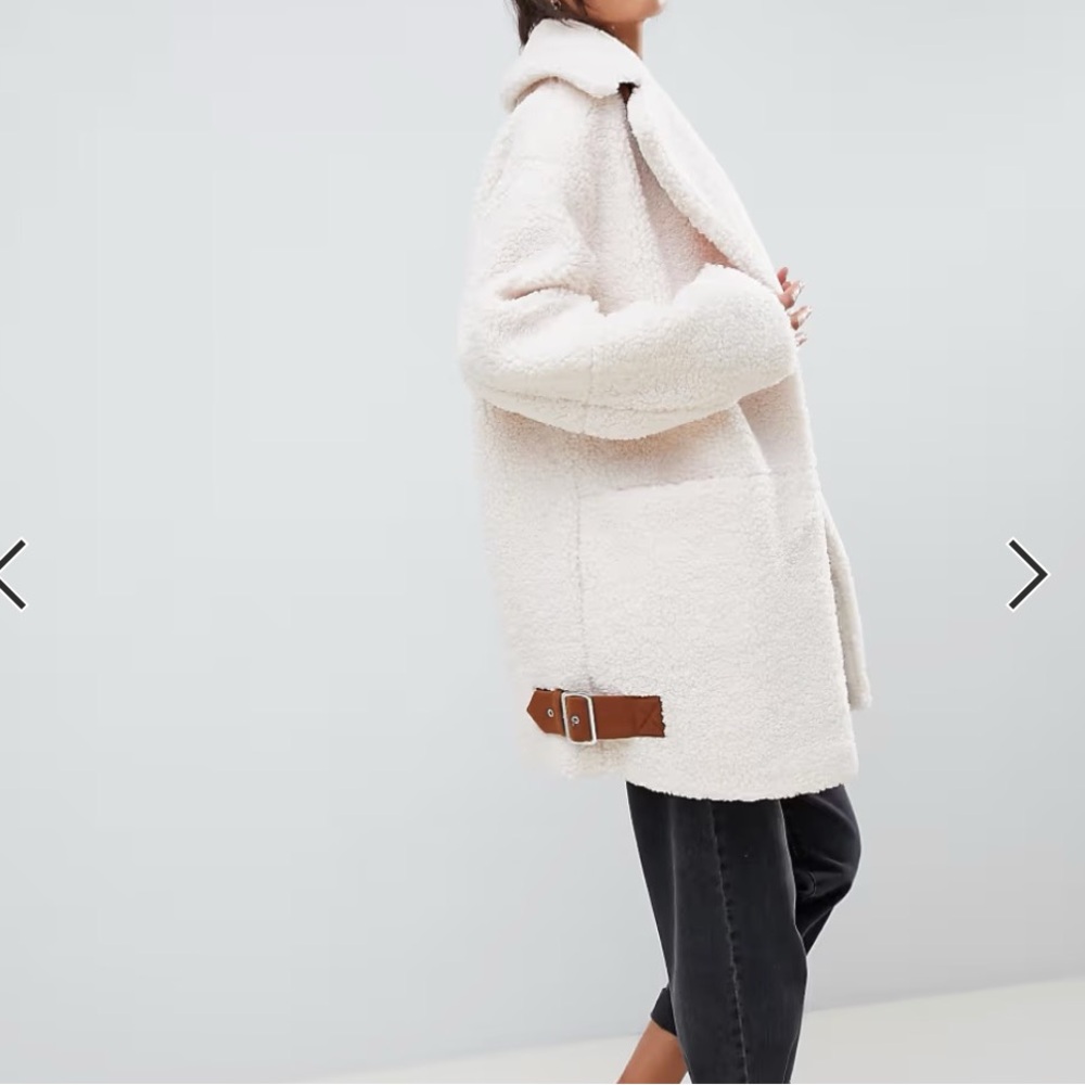 TALL Cream Teddy Jacket with Brown Buckle Details